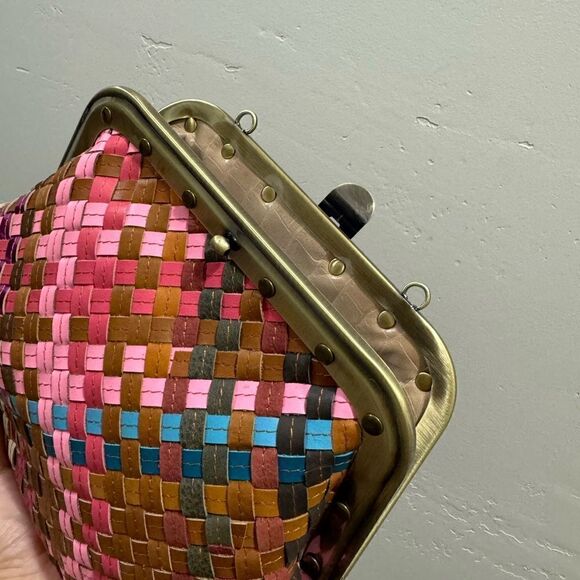 Colorful Genuine Woven Leather Retro Metal Frame & Push Lock Handbag, Crossbody - Picture 15 of 16